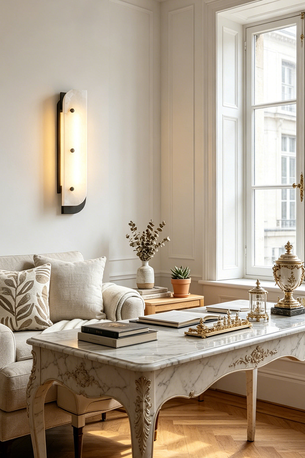Detailed view of alabaster lamp | Alabaster, Metal | Internal LED strip and brass hardware close-up | vexa lamps