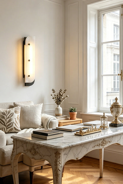 Detailed view of alabaster lamp | Alabaster, Metal | Internal LED strip and brass hardware close-up | vexa lamps