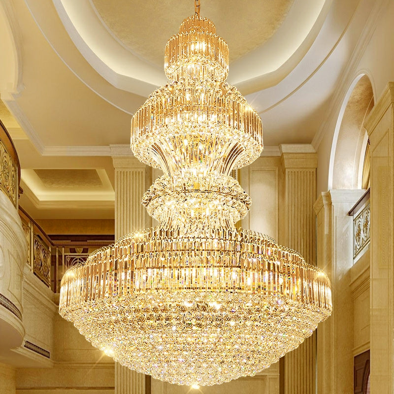 Morylighting Grand Radiance Round Crystal Chandelier - dramatic American stairwell with soaring ceiling