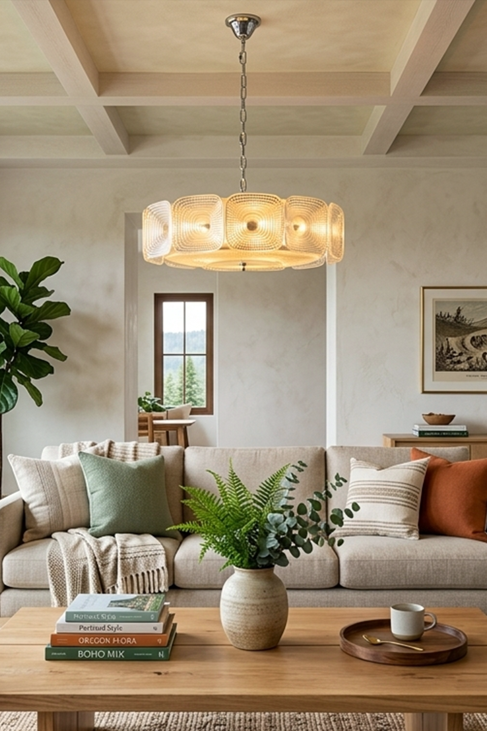 Lyra Geometric Glass Chandelier | Glass, Metal | Suspended as an elegant centerpiece in a contemporary living room with a cream sofa, wooden ceiling beams, and warm ambient decor | vexa lamps