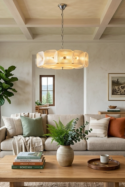 Lyra Geometric Glass Chandelier | Glass, Metal | Suspended as an elegant centerpiece in a contemporary living room with a cream sofa, wooden ceiling beams, and warm ambient decor | vexa lamps