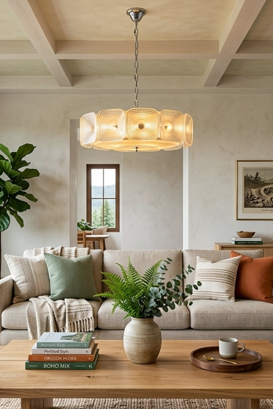 Lyra Geometric Glass Chandelier | Glass, Metal | Suspended as an elegant centerpiece in a contemporary living room with a cream sofa, wooden ceiling beams, and warm ambient decor | vexa lamps