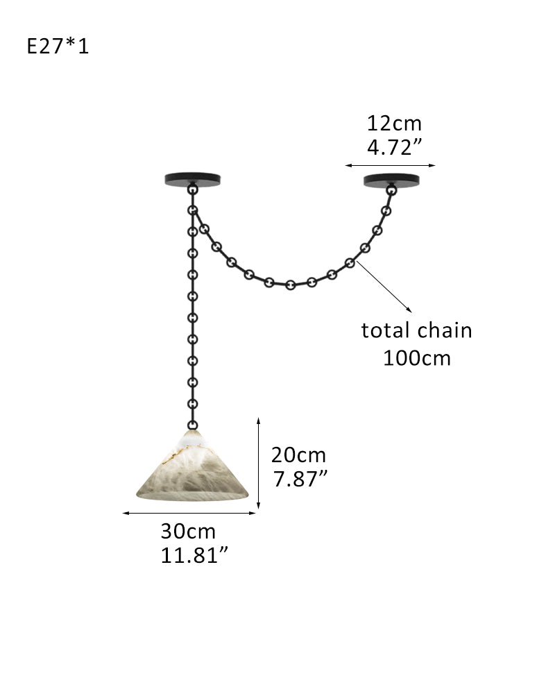 Medium 12" Conical Pendant White Alabaster Shade with Adjustable Chain for living room