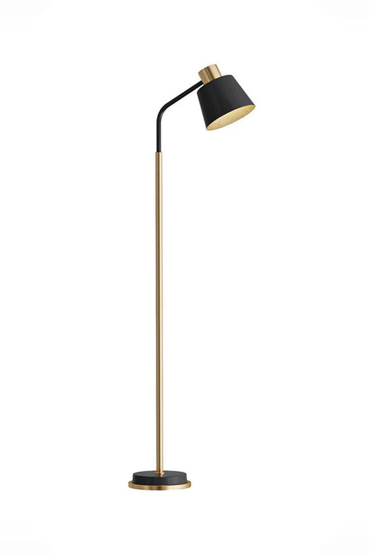 Marlowe Gooseneck Reading Floor Lamp | Matte Black and Brass | Full product isolated on a pure white background showing the flexible gooseneck arm and metal base | vexa lamps