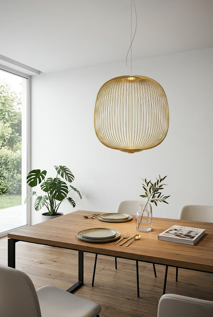 Gold elliptical wire cage light over wooden dining table | Aluminum | Interior dining room scene with natural light | vexa lamps