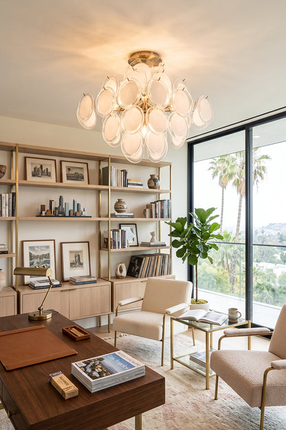 Mirella Circular Glass Pane Ceiling Light | Home Office Light | Providing sophisticated ceiling illumination in a modern study room featuring a wooden executive desk and large glass windows | vexa lamps