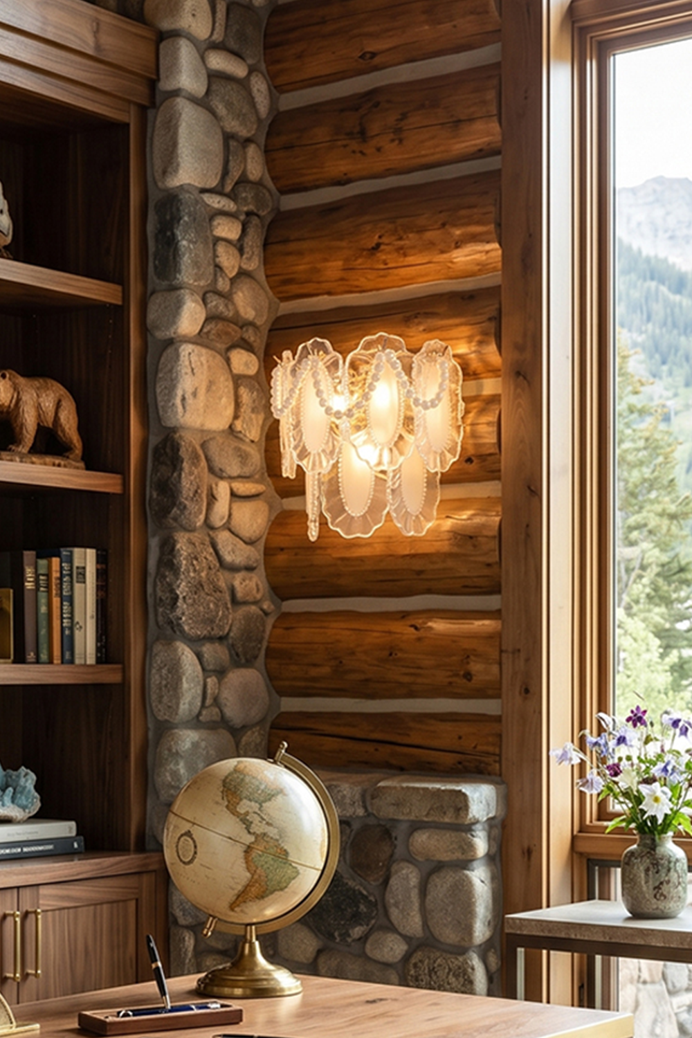 Mirella Pearl and Glass Wall Lamp illuminates a rustic home office with elegant design and warm gold accents.