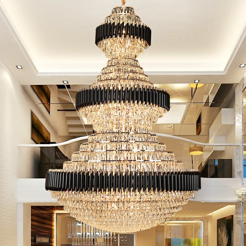 Morylighting Grand Lumina Round Iron Crystal Chandelier - dramatic American stairwell with soaring ceiling