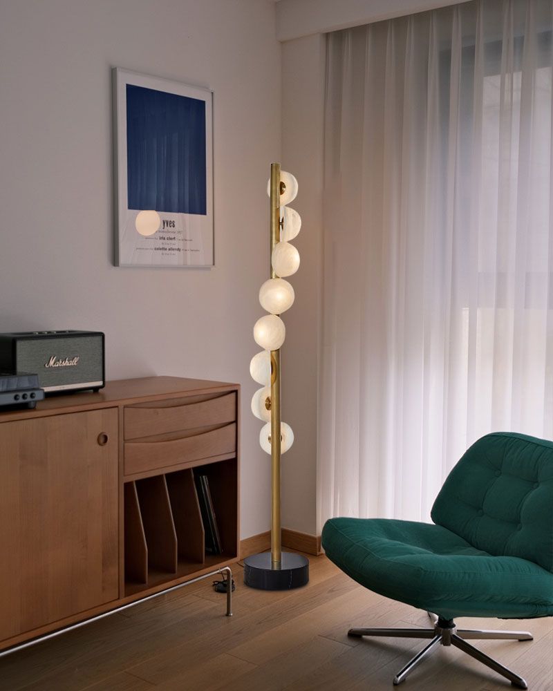 Vertical Antique Alabaster Globes in semi-flush fixtures Standing Marble Floor lamp