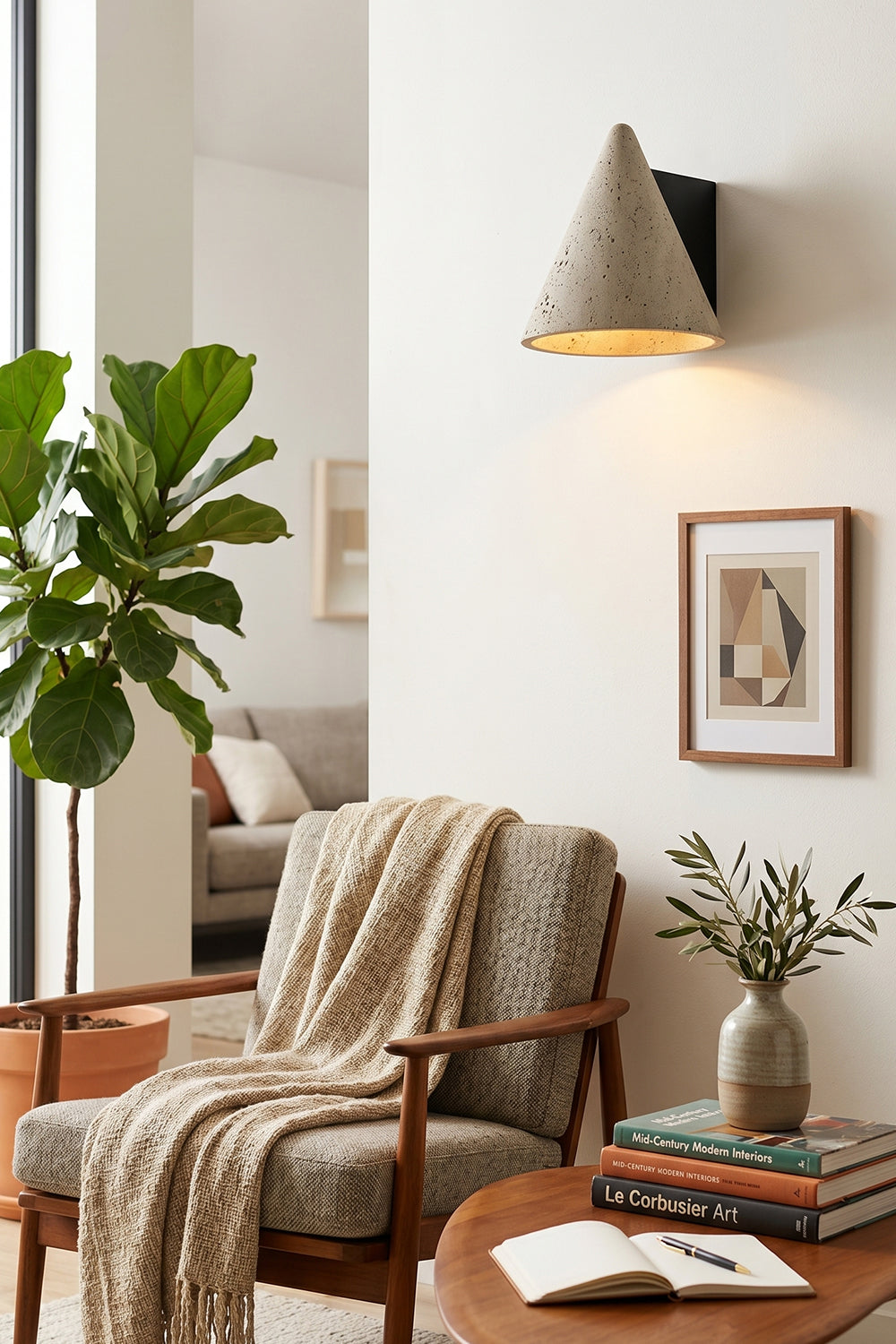 Monolith Cone Travertine Wall Sconce illuminating a modern living room with a cozy chair and plants.