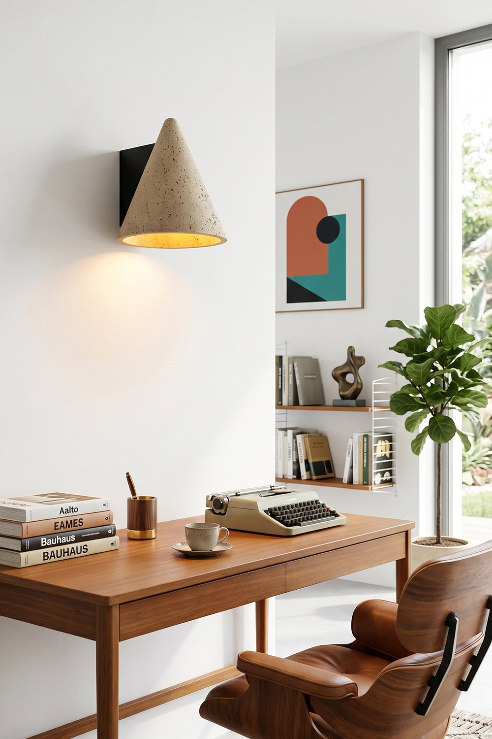 Monolith Cone Travertine Wall Sconce illuminating a stylish workspace with wooden desk and modern decor.