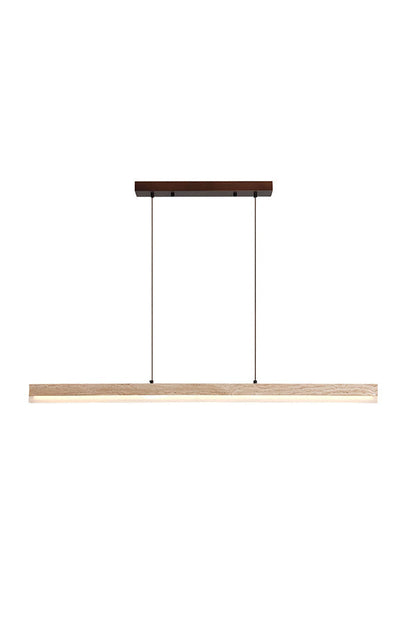 Lit natural travertine linear pendant lamp with wooden canopy | Travertine, Wood, Acrylic | Front view isolated on white background | vexa lamps