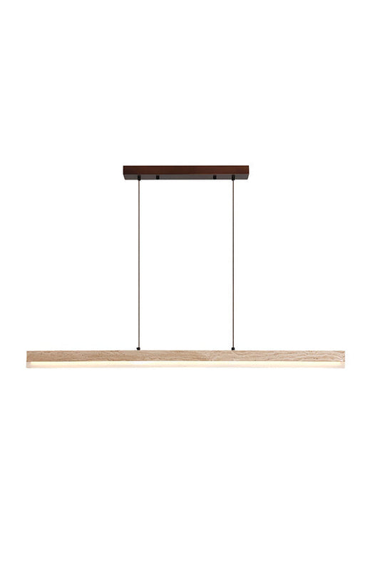 Lit natural travertine linear pendant lamp with wooden canopy | Travertine, Wood, Acrylic | Front view isolated on white background | vexa lamps