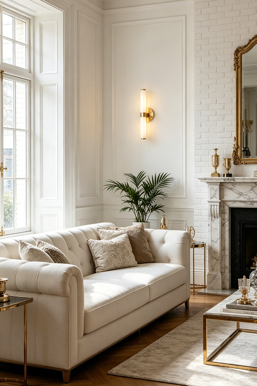 Nerida Linear Alabaster Wall Sconce | Alabaster, Brass | Mounted vertically on a white wall as a stylish architectural accent light in a bright luxury classical living room next to a cream sofa | vexa lamps