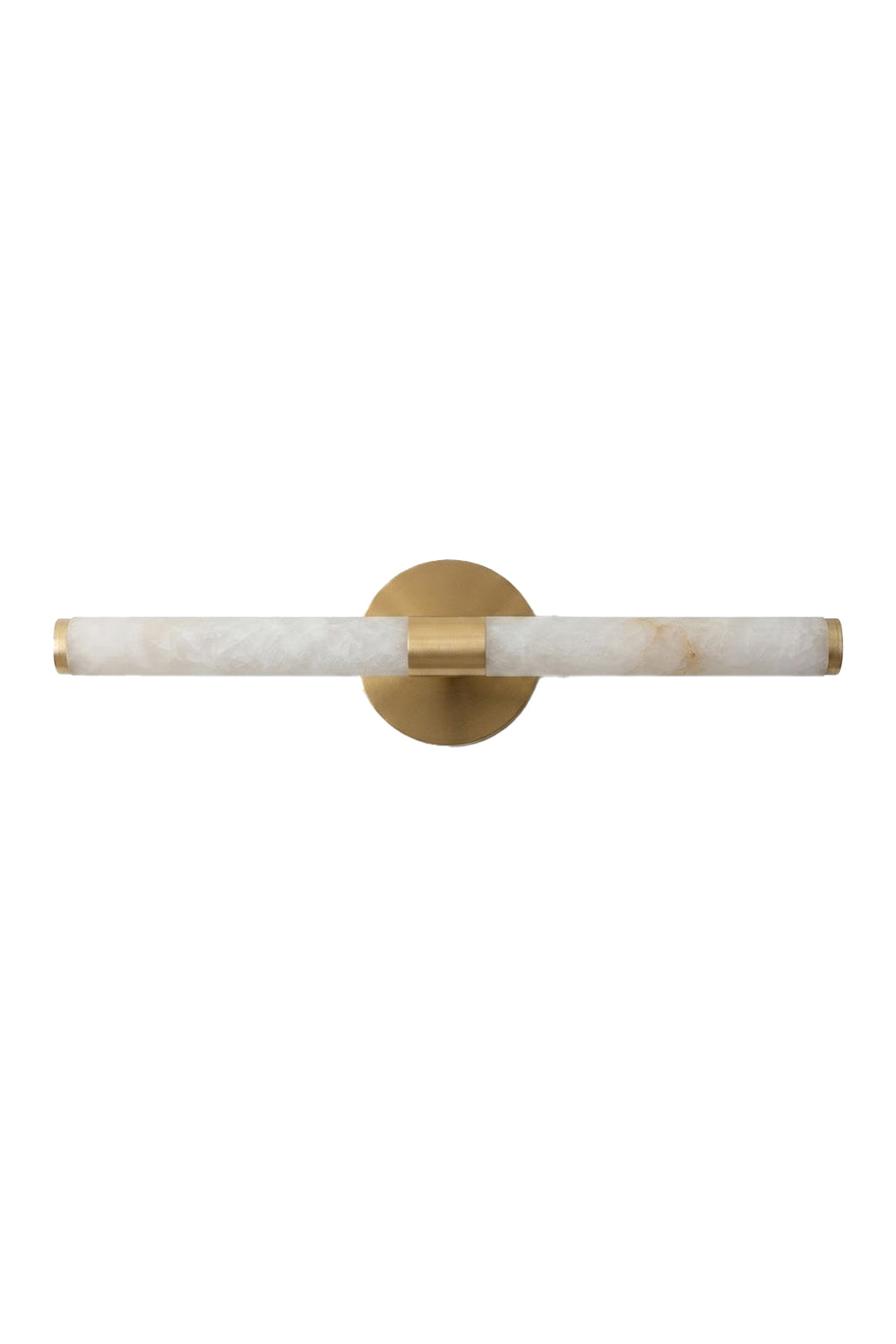 Nerida Linear Alabaster Wall Sconce | Alabaster, Brass | Isolated unlit view of a modern horizontal linear wall sconce featuring a cylindrical natural white alabaster stone bar held by a central circular brushed gold brass bracket | White background | vexa lamps