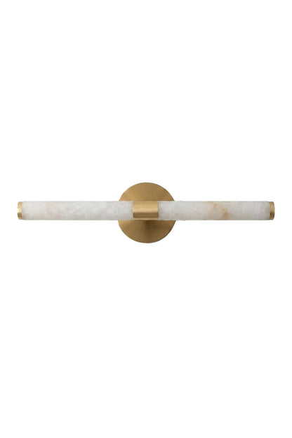 Nerida Linear Alabaster Wall Sconce | Alabaster, Brass | Isolated unlit view of a modern horizontal linear wall sconce featuring a cylindrical natural white alabaster stone bar held by a central circular brushed gold brass bracket | White background | vexa lamps