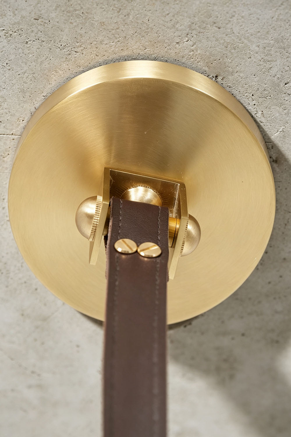 Nerissa Alabaster Ring Leather Pendant Light | Natural Alabaster, Leather and Brass | Close-up detail of the brass canopy and brown leather strap buckle | vexa lamps