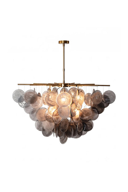 Nimbus Smoked Glass Disc Chandelier featuring cascading hand-blown glass discs and warm lighting.