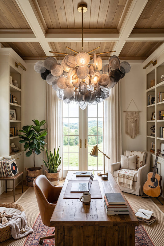 Nimbus Smoked Glass Disc Chandelier illuminating a modern home office with warm light and elegant decor.