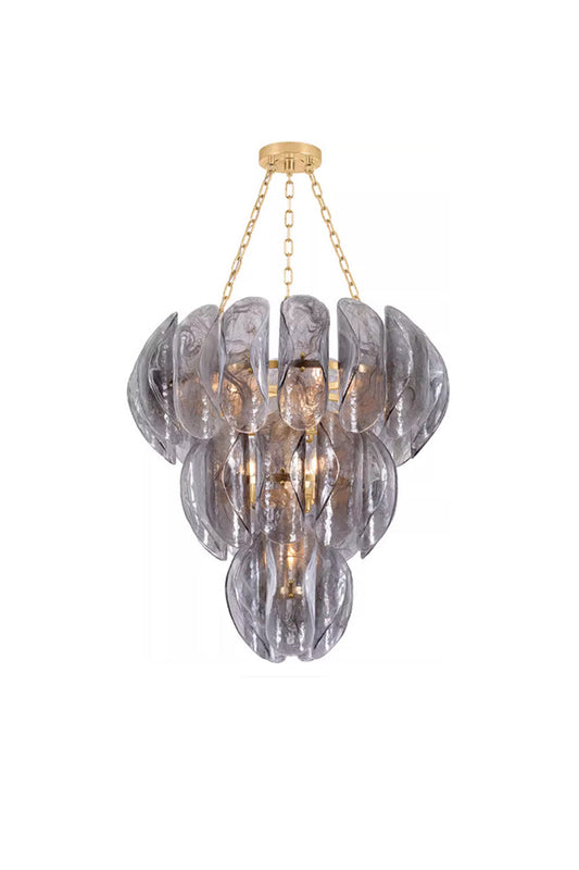 Ondine Cascading Leaf Glass Chandelier | Textured Smoked Glass and Gold Metal | Full front view of the luxury multi-tiered light fixture glowing against a pure white background | vexa lamps