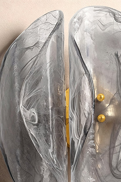Ondine Cascading Leaf Glass Chandelier | Textured Smoked Glass and Gold Metal | Macro shot highlighting the intricate ribbed texture and organic curved edges of the frosted glass leaves | vexa lamps
