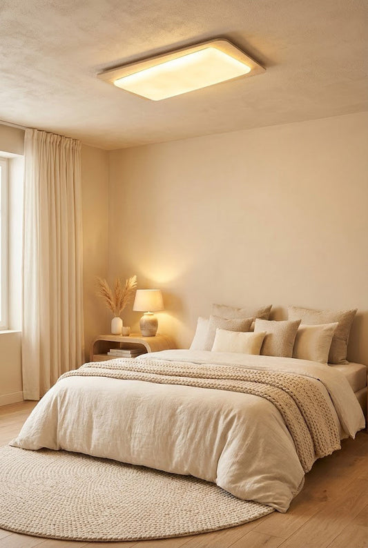 Modern travertine ceiling light in a cozy bedroom | Yellow Travertine, Acrylic | Installed over a neutral-toned bed | vexa lamps