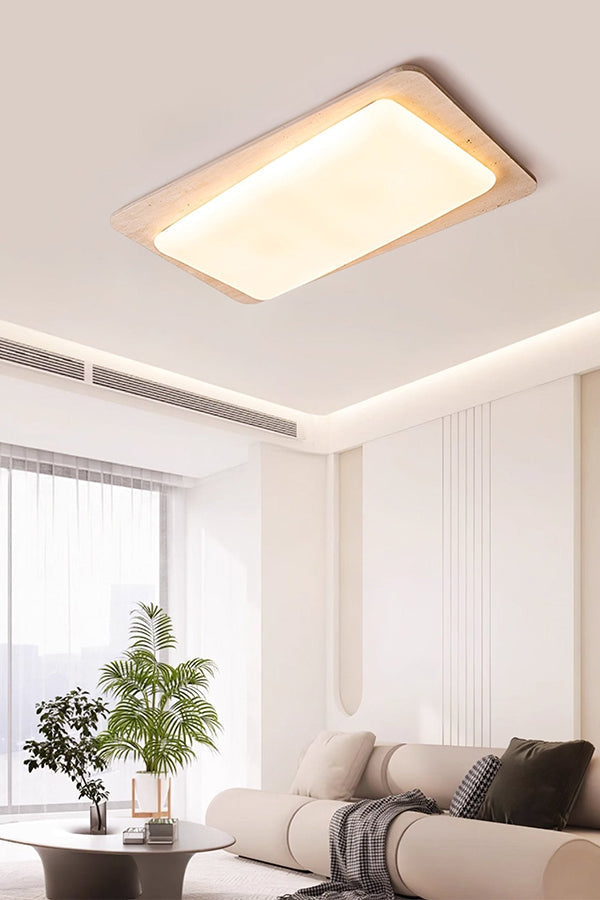 Travertine ceiling light view 2 | Yellow Travertine, Acrylic | Perspective view in a modern minimalist living room | vexa lamps