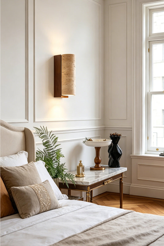 Outcrop Beige Travertine Wall Sconce | Travertine, Metal | Mounted as an elegant bedside accent light casting a warm upward and downward glow on a white wall next to a bed with a cream headboard | vexa lamps