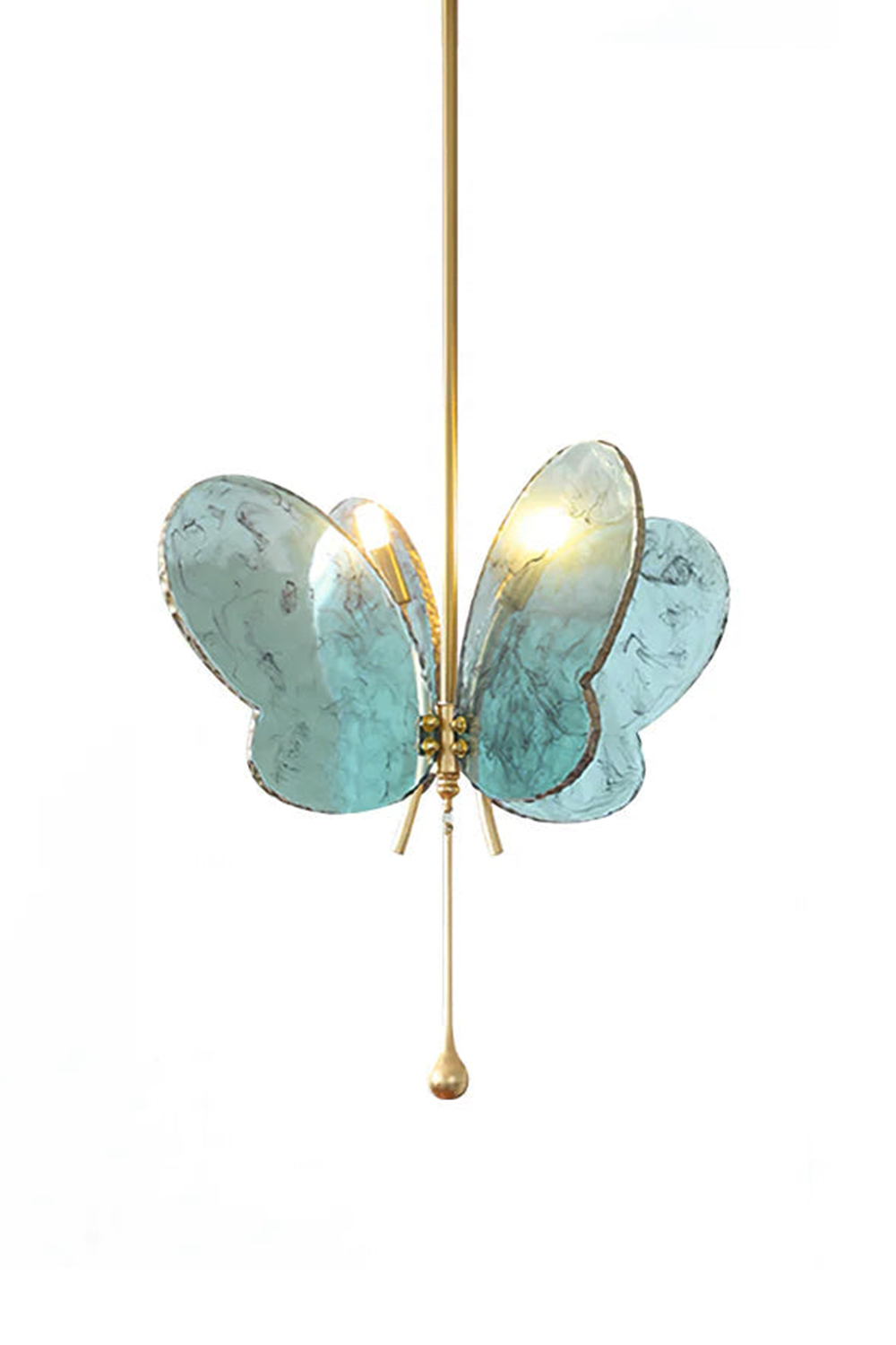 Papillon Glass Butterfly Pendant Lamp | Glass, Metal | Fully lit whimsical blue glass butterfly pendant light with a polished brass hardware frame and drop rod | Isolated lit product shot on white background | vexa lamps