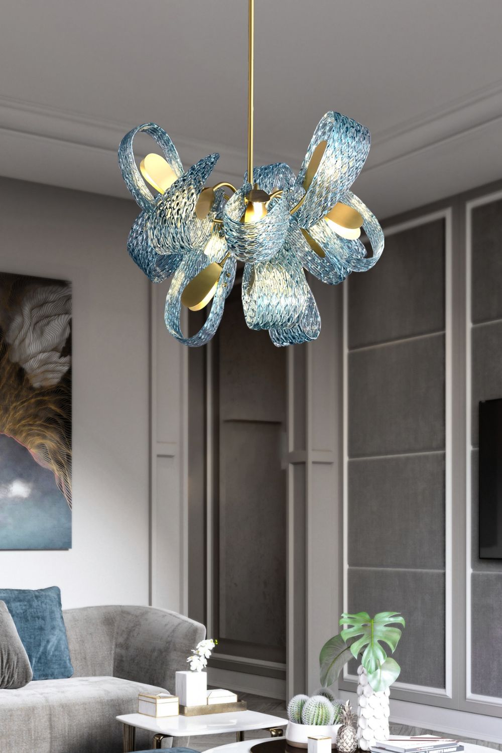 Petal Blue Glass Chandelier - morylighting