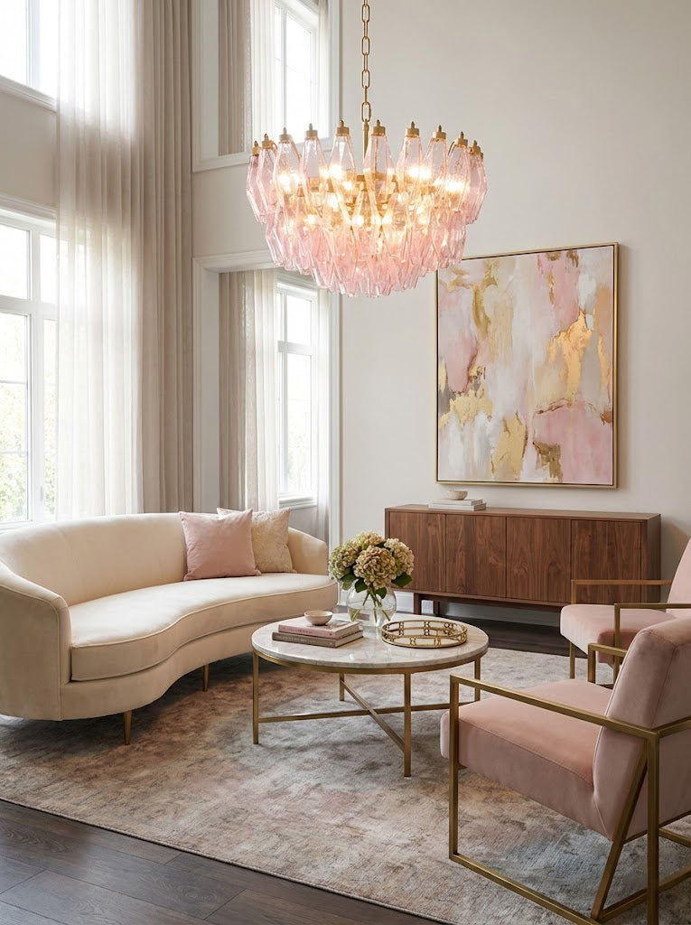 Tiered pink polyhedron glass light fixture | Metal, Glass | Living room scene with curved sofa and pink abstract art | vexa lamps