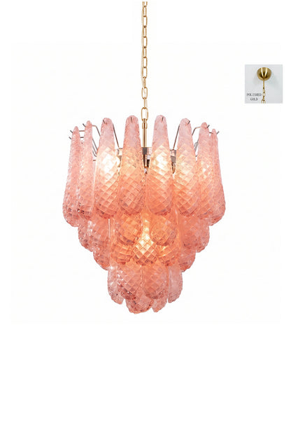 Amara Blush Cascading Glass Chandelier | Glass, Metal | Isolated product snapshot of the illuminated multi-tiered blush glass chandelier on a clean white backdrop | vexa lamps