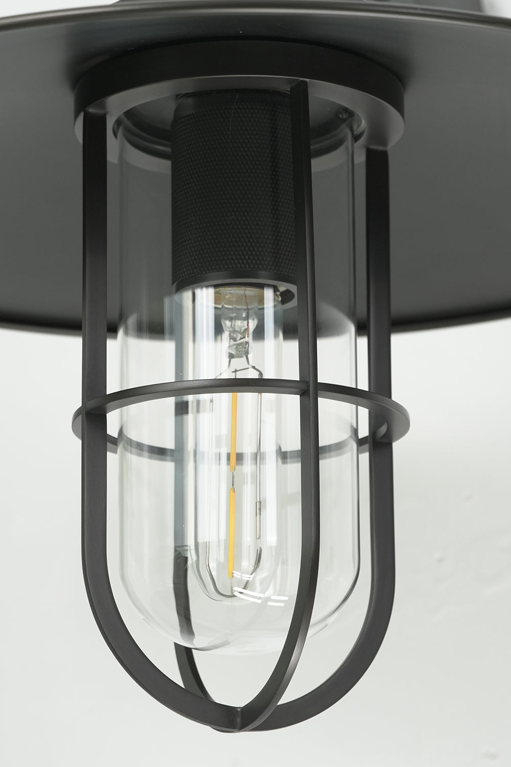 Bottom-up view of black cage and Edison bulb | Metal, Glass | Close-up of the light source and cage protector | vexa lamps
