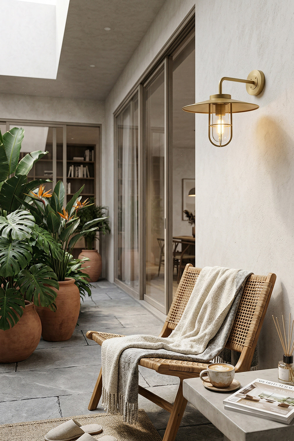 Nautical style brass wall light for outdoor balcony | Brass, Glass | Installed on a white wall near glass doors | vexa lamps
