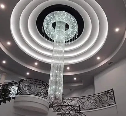 Extra Large Flush Mount Silver Waterfall Luxury Ceiling Crystal Chandelier for High-ceiling Living Room/Duplex Hall
