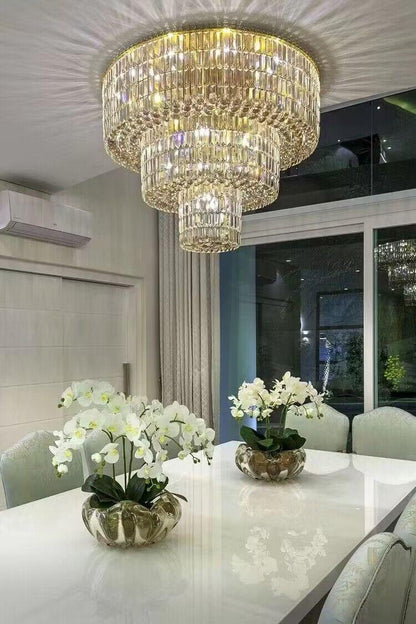 Extra Large Gold Flush Mount Crystal Light Round 3-layers Decorative Living Room/Dining Room Light Fixture