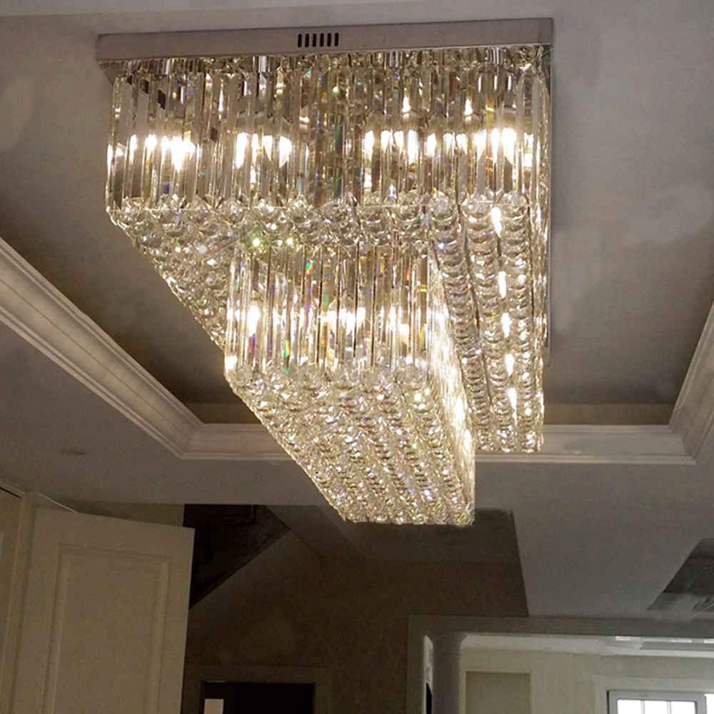 Rectangle flush mount golden crystal chandelier light