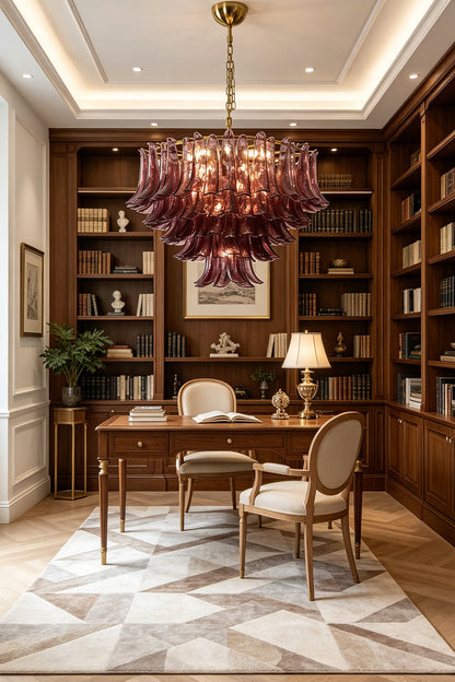 Regal Purple Cascade Chandelier | Glass, Metal | Positioned over a workspace in a classical home library setup | vexa lamps