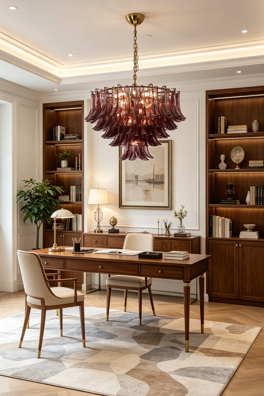 Regal Purple Cascade Chandelier | Glass, Metal | Providing warm light in a modern home office with a large desk and built-in bookshelves | vexa lamps
