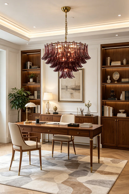 Regal Purple Cascade Chandelier | Glass, Metal | Providing warm light in a modern home office with a large desk and built-in bookshelves | vexa lamps