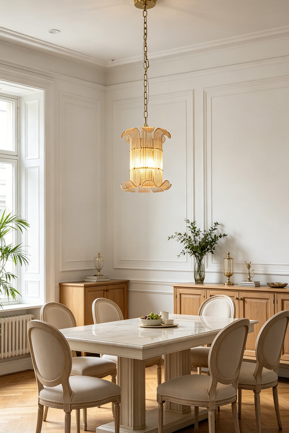 Modern classic ribbed glass chandelier | Metal | Glass | Installed over a dining table near a wooden sideboard | vexa lamps