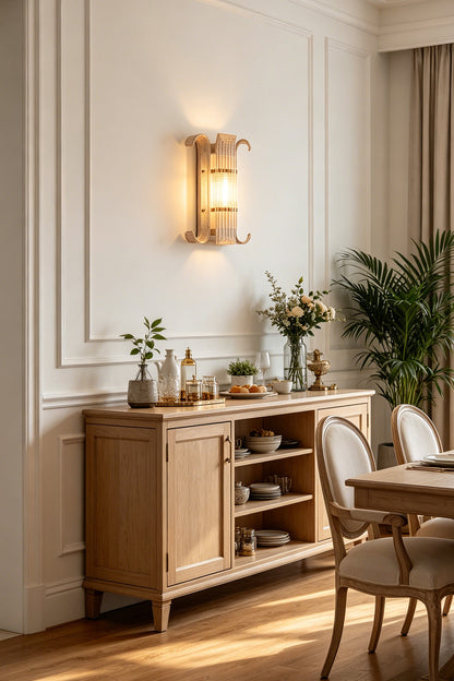 Ribbed Glass Scroll Wall Lamp installed above a wooden sideboard | Metal, Glass | Classic dining room setting with dining table and chairs | vexa lamps