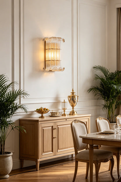 Ribbed Glass Scroll Wall Lamp installed above a wooden sideboard | Metal, Glass | Classic dining room setting with dining table and chairs | vexa lamps