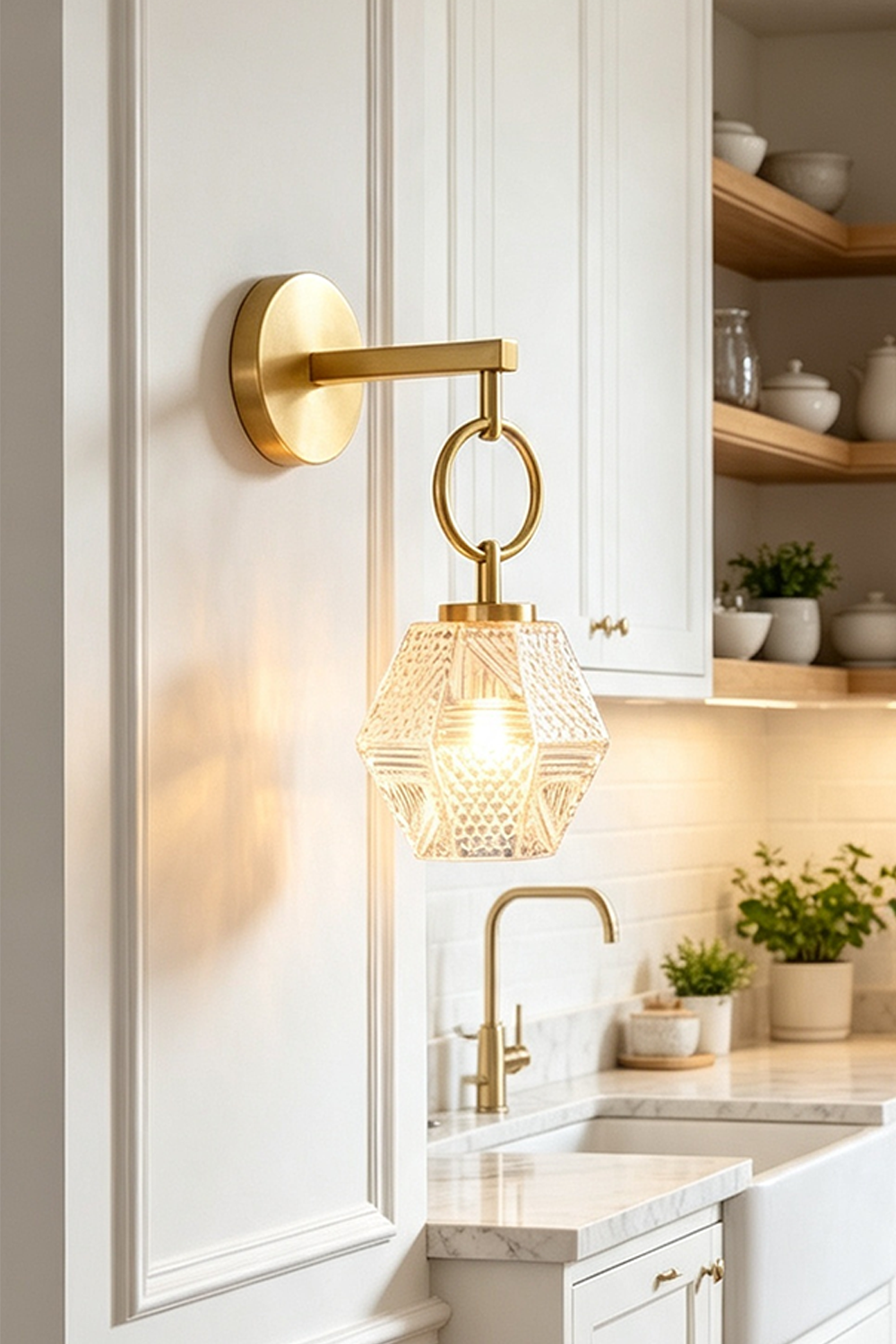 Rosamund Faceted Glass Wall Sconce | Faceted Glass and Brass | Warm lighting above a sink in a classic white kitchen | vexa lamps