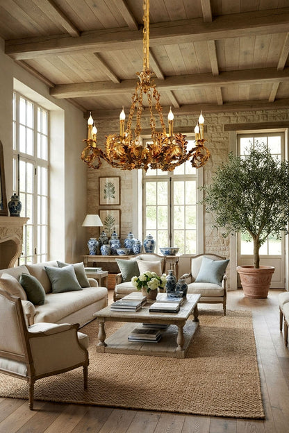 Rurik Acanthus Leaf Brass Chandelier hanging in a bright and airy living room with furnished decor.