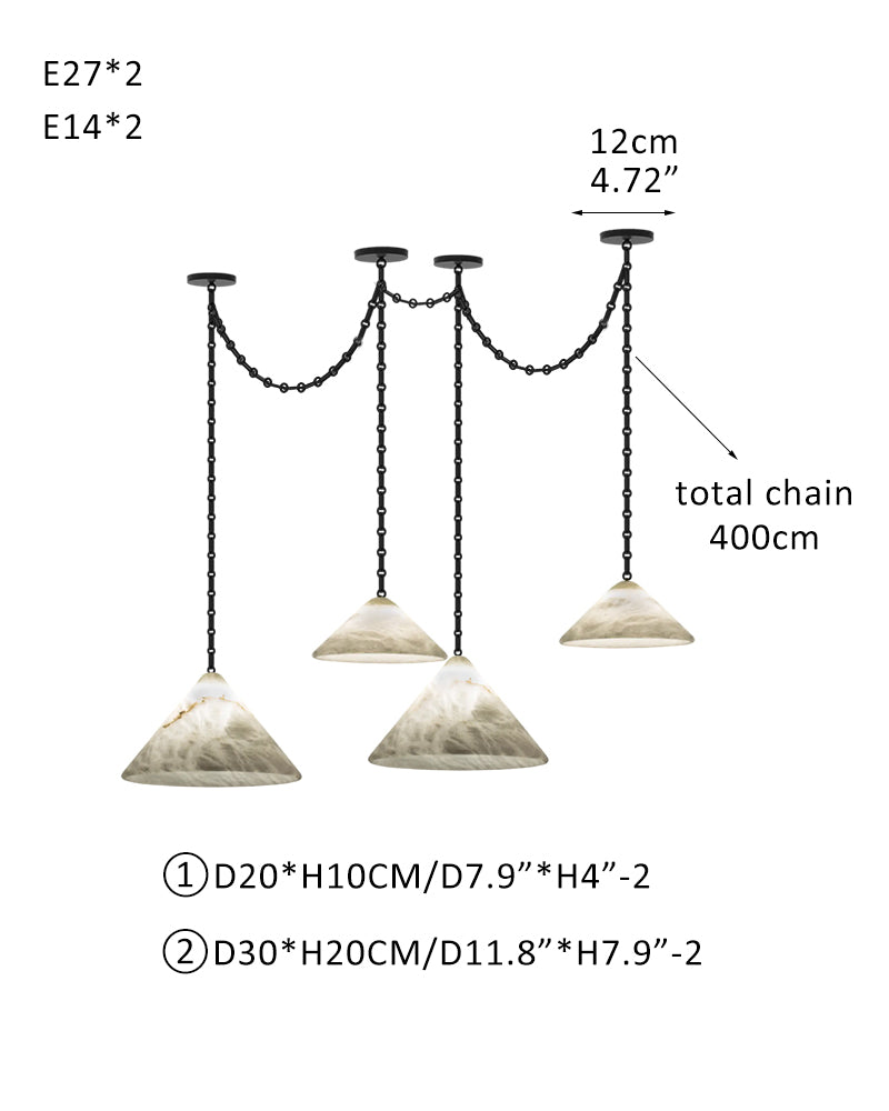 Medium 12" Conical Pendant White Alabaster Shade with Adjustable Chain for living room