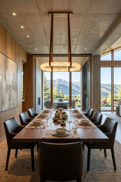 Selwyn Racetrack Alabaster Leather Pendant Light | Natural Alabaster, Leather and Metal | Centered above a formal dining table in a room with scenic mountain views | vexa lamps
