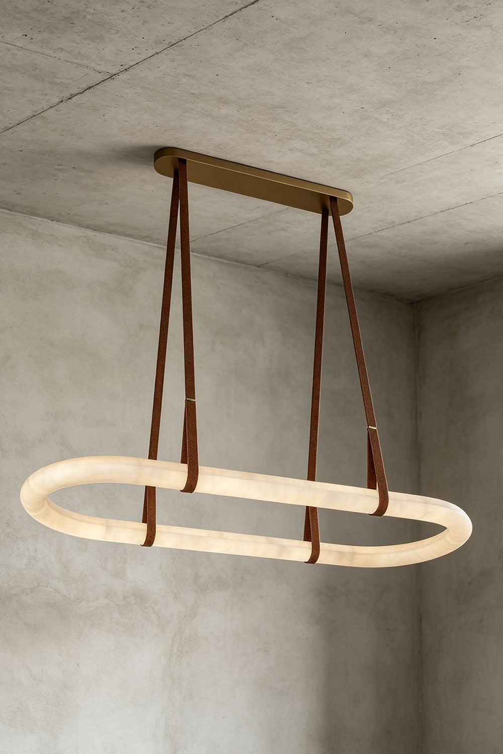 Selwyn Racetrack Alabaster Leather Pendant Light | Natural Alabaster, Leather and Metal | Front illuminated view of the oval alabaster pendant on a neutral wall | vexa lamps