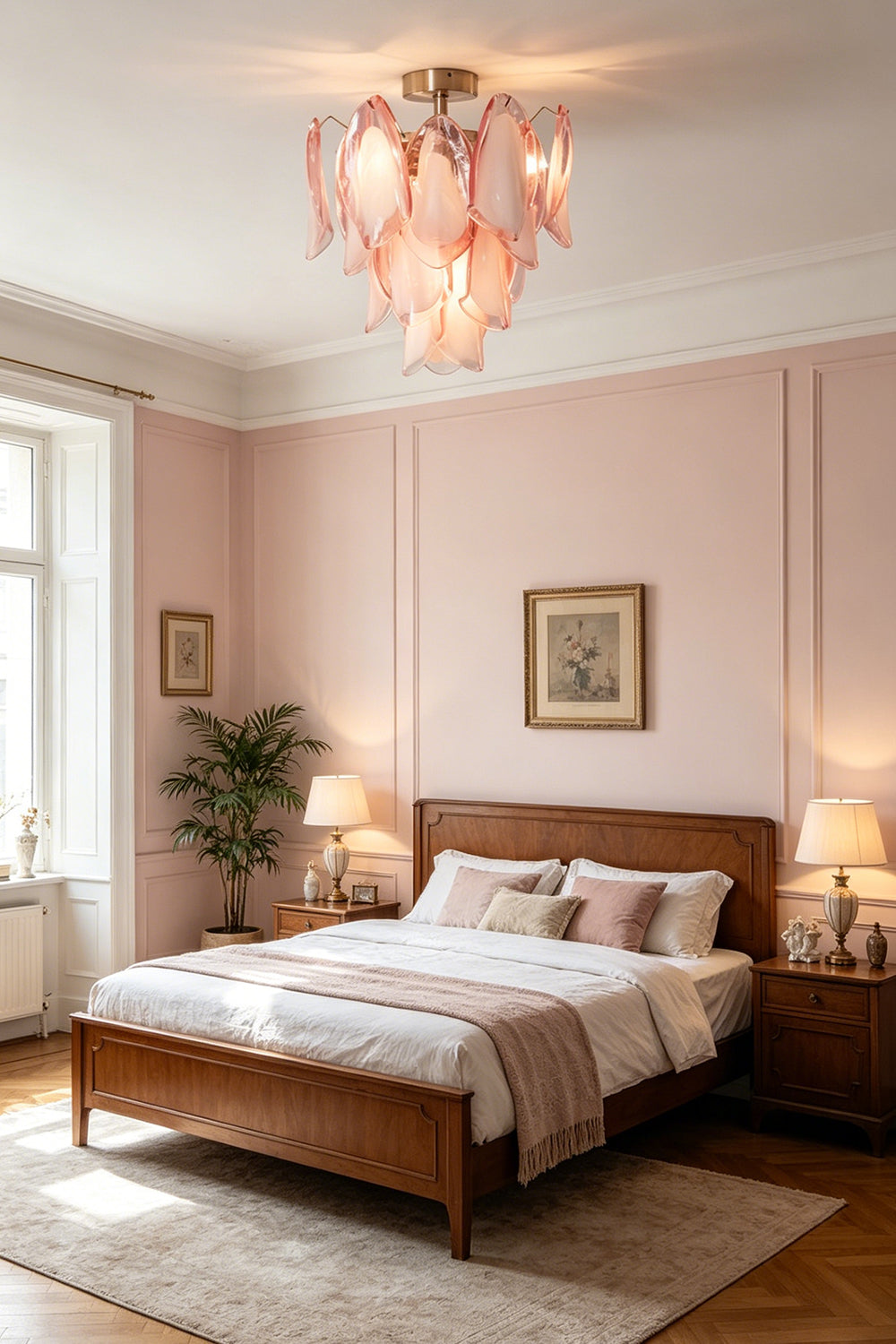 Elegant pink petal glass ceiling light in a bedroom | Metal, Glass | Centered over a wooden bed in a bright interior | vexa lamps