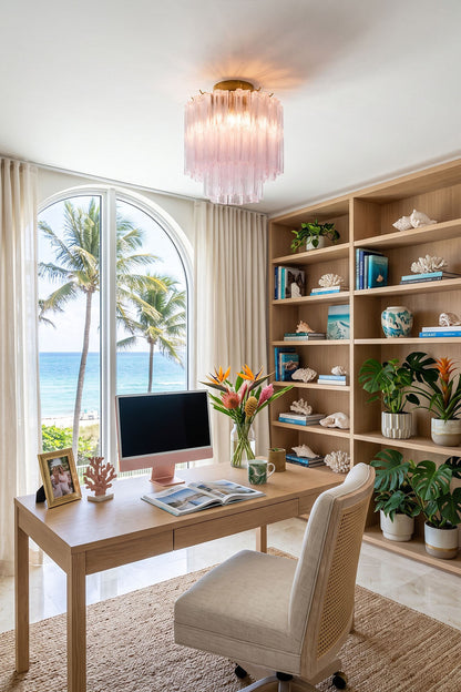Seraphine Starburst Glass Tube Ceiling Light | Pink Glass and Brass | Installed in a bright home office with wooden desk and ocean view | vexa lamps